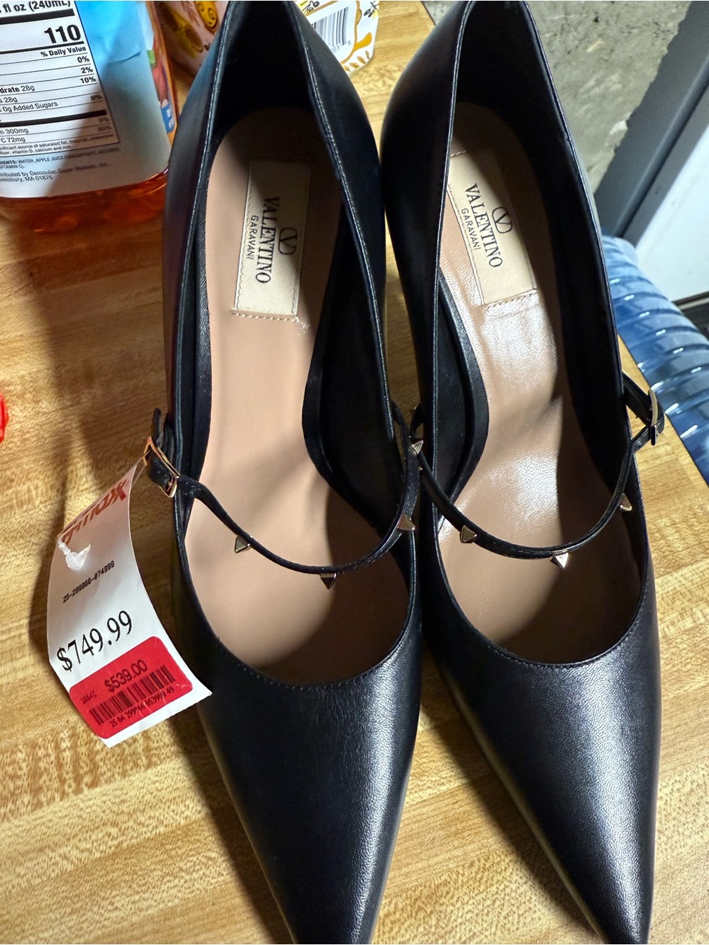Valentino Black Pointed Mary Jane Pumps with Studded Strap and Nude Lining